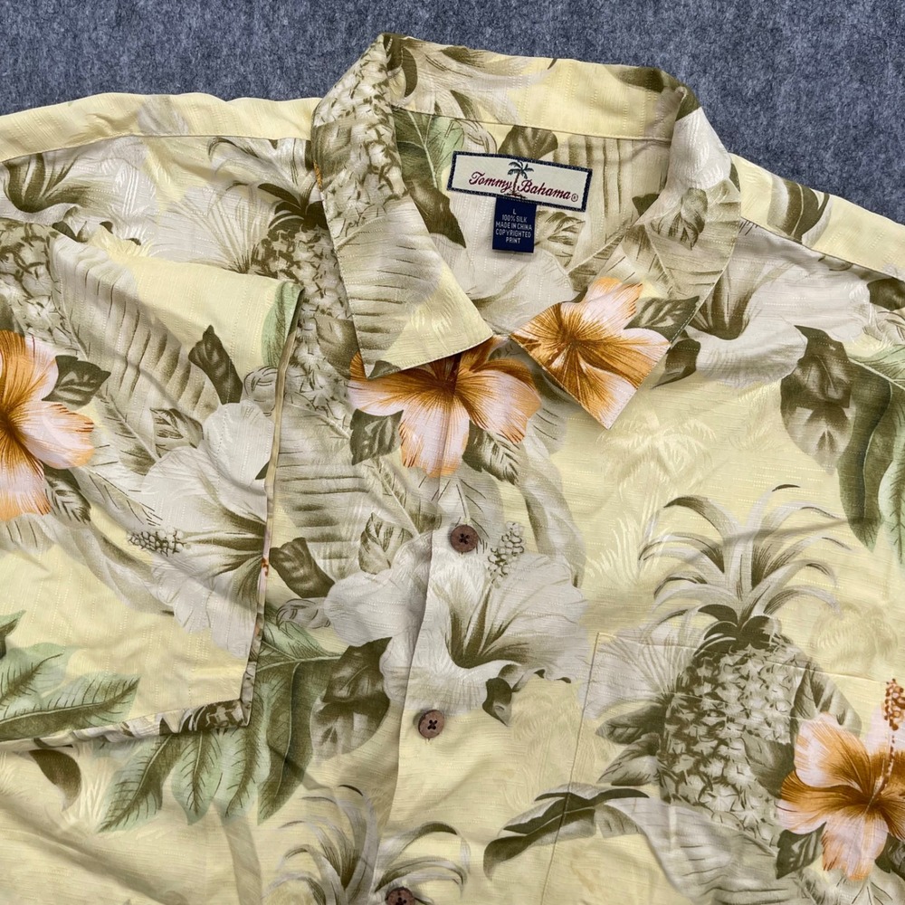 Tommy Bahama Shirt Mens Large Silk Hawaiian Yellow Pineapple Hibiscus Floral